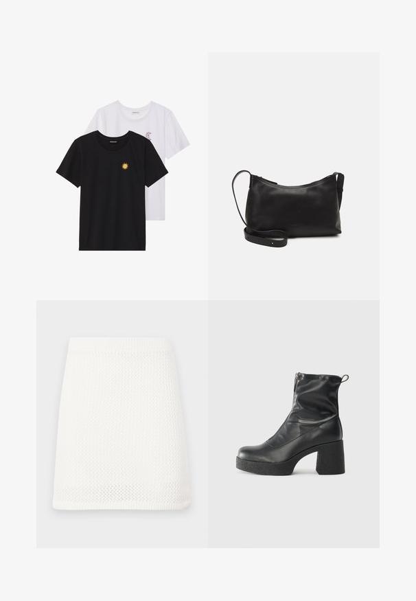 Camisetas en blanco y negro, de cuello redondo y mangas cortas. La camiseta negra presenta un bordado de sol amarillo; la blanca tiene un detalle de luna creciente en púrpura.; Minifalda de punto blanca con un patrón texturizado, cintura elástica y silueta recta.; Botines negros de tobillo, hechos de cuero suave, con cierre lateral, tacón grueso texturizado y diseño de punta redondeada.; Bolso de hombro de cuero negro con una textura suave, forma curvada, correa ajustable y cierre con cremallera. Diseño minimalista sin adornos.