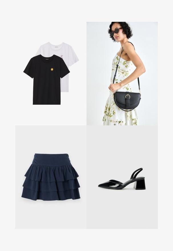 Juodi ir balti marškinėliai, apvaliu kaklu, trumpomis rankovėmis. Juodi marškiniai su geltonu saulės siuvinėjimu; baltieji turi purpurinę pusmėnulio akcentą.; Hollister Co. MAY RUFFLE - Šortai - dark blue; Juodos lakuotos odinės šlepetės su smailiu pirštu ir geometriniu bloko kulnu. Turi elegantišką, minimalistinį dizainą ir lygų paviršių.; Juodas odinis krepšys su išlenkta forma, nuimamu dirželiu ir auksiniais detalėmis. Krepšys turi kilpą su sagtimi.