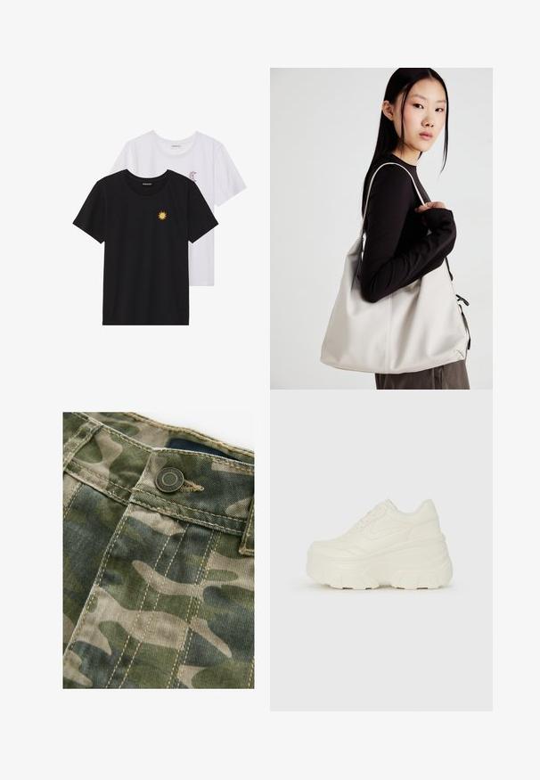 Musta ja valkoinen T-paita, pyöreä kaula-aukko, lyhyet hihat. Mustassa paidassa on keltainen auringon brodeeraus; valkoisessa on violetti puolikuu-aksentti.; Kamelotilla kuvioitu kangas vihreän ja beige sävyissä, jossa näkyvät ompeleet. Vyötäröllä on metallinen nappi, denim-tyylinen pinta.; Valkoiset tasapohjakengät, joissa on sileä nahkamainen päällinen, pyöristetty muoto, pehmustettu nilkkaosa ja texturoitu kumipohja, jossa on hyvin määritellyt urat.; Beige laukku, joka on valmistettu pehmeästä materiaalista, ja siinä on rento muotoilu, ommeltu yksityiskohtia ja kaksi olkahihnaa. Sopii päivittäiseen käyttöön.