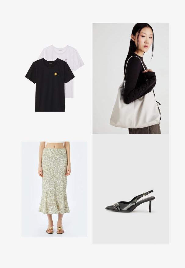 T-shirts noir et blanc, col rond, manches courtes. Le t-shirt noir présente une broderie de soleil jaune ; le t-shirt blanc a un accent de croissant de lune violet.; Koton MIDI - Jupe trapèze - green; Chaussure slingback en cuir verni noir avec un embout pointu, des brides de cheville avec des boucles en argent et des éléments en métal, et un talon fin.; Sac à main beige en matériau souple, avec un design décontracté, des détails cousus et deux poignées. Idéal pour un usage quotidien.