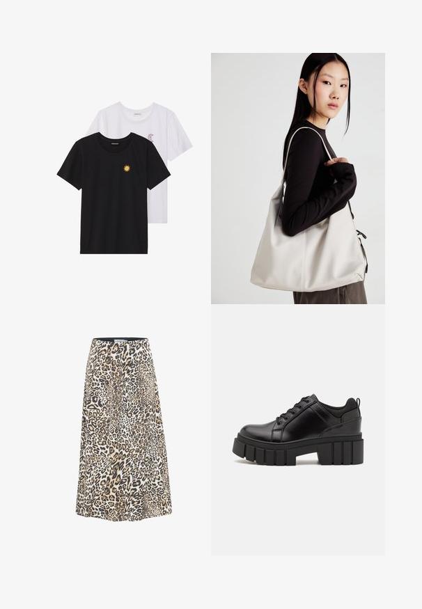 Black and white T-shirts, round neck, short sleeves. Black shirt features yellow sun embroidery; white has purple crescent moon accent.; Leopard print skirt with a flared design, featuring shades of tan, black, and cream. Made from soft, lightweight fabric with a waistband.; Black leather platform shoes with a chunky block heel, round toe, and traditional lace-up design. Features smooth texture and minimal detailing.; Beige handbag made of soft material, featuring a slouchy design, stitched detailing, and two shoulder straps. Suitable for everyday use.