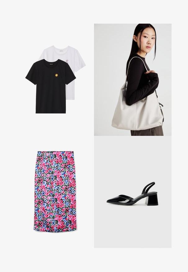 T-shirts noir et blanc, col rond, manches courtes. Le t-shirt noir présente une broderie de soleil jaune ; le t-shirt blanc a un accent de croissant de lune violet.; Jupe florale avec un fond noir ornée de fleurs vibrantes roses, bleues et vertes. Le tissu est léger avec un design plissé.; Escarpins en cuir verni noir avec bout pointu et talon bloc géométrique. Présente un design élégant et minimaliste ainsi qu'une texture lisse.; Sac à main beige en matériau souple, avec un design décontracté, des détails cousus et deux poignées. Idéal pour un usage quotidien.