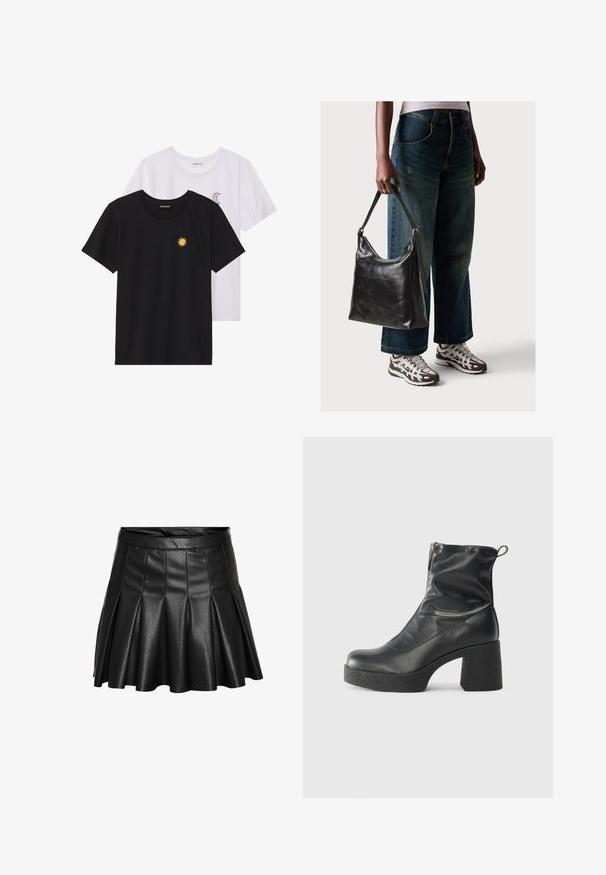 T-shirts preto e branco, de decote redondo e mangas curtas. A camisa preta apresenta um bordado de sol amarelo; a branca tem um detalhe de lua crescente roxa.; Saia preta plissada feita de couro sintético, com cintura ajustada e bainha ampla. Textura elegante com acabamento liso e brilhante.; Botas de tornozelo pretas feitas de couro liso, com fecho lateral, salto grosso texturizado e design de bico arredondado.; Bolsa de ombro em couro preto com textura suave e alça ajustável, combinada com jeans de perna larga desbotados e ténis desportivos.
