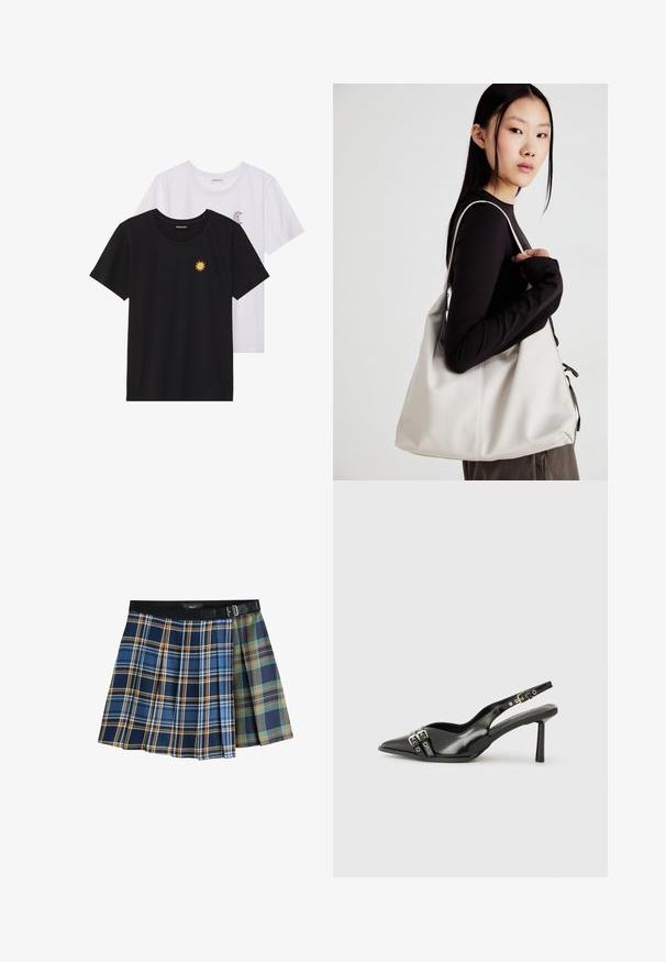 T-shirt in bianco e nero, girocollo, maniche corte. La maglietta nera presenta un ricamo di sole giallo; quella bianca ha un accento di luna crescente viola.; Gonna mini plissettata con motivi a quadri bicolore in blu, arancione, verde e blu navy, dotata di una vita nera e una cintura con fibbia.; Scarpa slingback in vernice nera con punta affusolata, cinturini alla caviglia con fibbie in argento e accessori, e tacco sottile.; Borsa a mano beige realizzata in materiale morbido, caratterizzata da un design morbido, dettagli cuciti e due manici. Adatta per l'uso quotidiano.