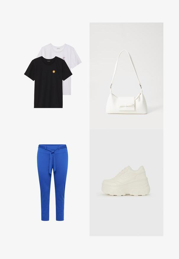 Zwart-witte T-shirts, ronde hals, korte mouwen. Het zwarte shirt heeft gele zon-geborduurde details; het witte shirt heeft een purperen halve maan accent.; Blauwe taps toelopende broek van rekbaar materiaal met een tailleband, met een gladde textuur en een lengte tot halverwege de kuit.; Witte platform sneakers met een gladde leren bovenkant, afgeronde vorm, gewatteerde kraag en een gestructureerde rubberen zool met duidelijke profiel.; Witte synthetische handtas met een driehoekige vorm, platte voorklep en strikdetail, verstelbare schouderriem, gladde textuur en minimalistisch ontwerp.