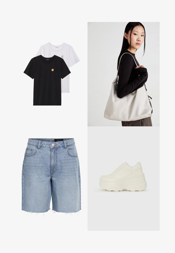Tricouri alb-negru, cu gât rotund, mâneci scurte. Cămășile negre au broderie cu soare galben; cele albe au un accent cu lună crescută violet.; Șorturi din denim de culoare bleu deschis, cu talie înaltă, cinci buzunare, margine despicată și închidere clasică cu nasture. Fabricate dintr-un material moale și texturat.; Adidași platformă albi, cu un superior neted asemănător cu pielea, formă rotunjită, guler căptușit și talpă din cauciuc texturată cu borduri bine definite.; Geantă bej din material moale, cu un design lejer, detalii cusute și două bretele pentru umăr. Potrivită pentru utilizarea zilnică.