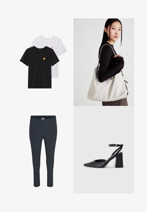 Black and white T-shirts, round neck, short sleeves. Black shirt features yellow sun embroidery; white has purple crescent moon accent.; Navy blue, tailored trousers with a smooth texture, featuring pleats at the front, and a stretchy waistband for comfort.; Black leather pointy-toe pump with an ankle strap and a chunky heel. Flat texture, sleek design, and minimalistic aesthetics.; Beige handbag made of soft material, featuring a slouchy design, stitched detailing, and two shoulder straps. Suitable for everyday use.