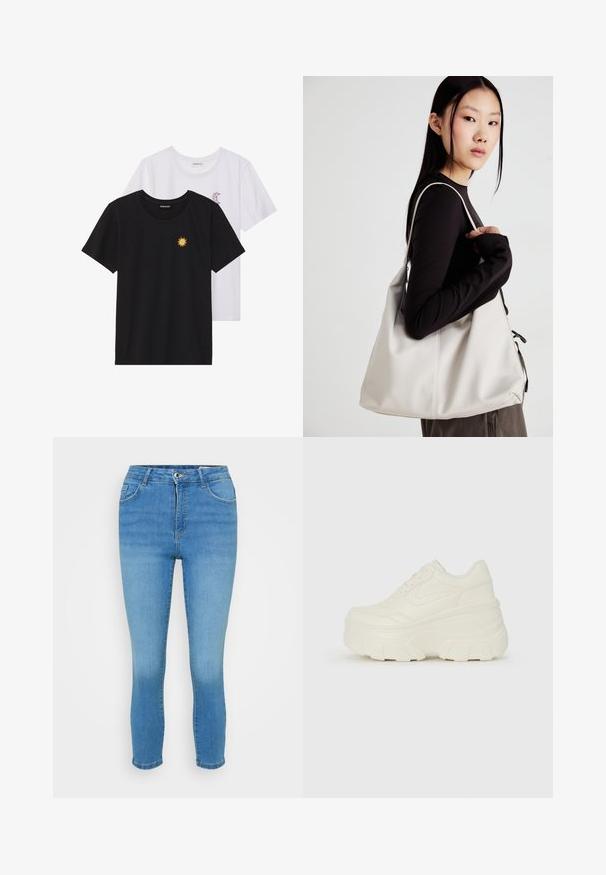T-shirts preto e branco, de decote redondo e mangas curtas. A camisa preta apresenta um bordado de sol amarelo; a branca tem um detalhe de lua crescente roxa.; Jeans de denim azul claro com um ajuste slim, cintura média, design de cinco bolsos e desbaste sutil na parte da frente, finalizados com um fecho de botão.; Tênis brancos de plataforma com um cabedal suave semelhante a couro, formato arredondado, colarinho acolchoado e sola de borracha texturizada com ranhuras bem definidas.; Uma bolsa bege feita de material macio, com um design descontraído, detalhes de costura e duas alças para o ombro. Adequada para uso diário.