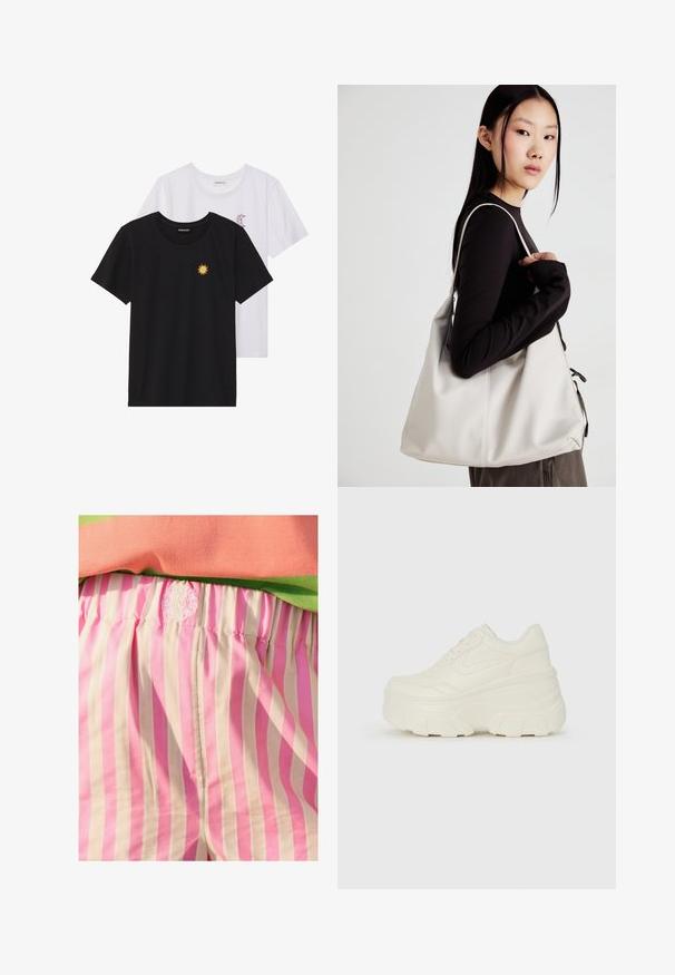 Sort og hvid T-shirt, rund hals, korte ærmer. Den sorte skjorte har gult solbroderi; den hvide har lilla halvmåne-accent.; Lyserøde og creme-stribede stofshorts med elastisk talje. Har broderet logo detaljer på taljen. Glat tekstur.; Hvide platform sneakers med en glat læderlignende overdel, rund form, polstret krave og struktureret gummisål med definerede riller.; Beige håndtaske lavet af blødt materiale med et slouchy design, stikninger og to skulderremme. Velegnet til daglig brug.