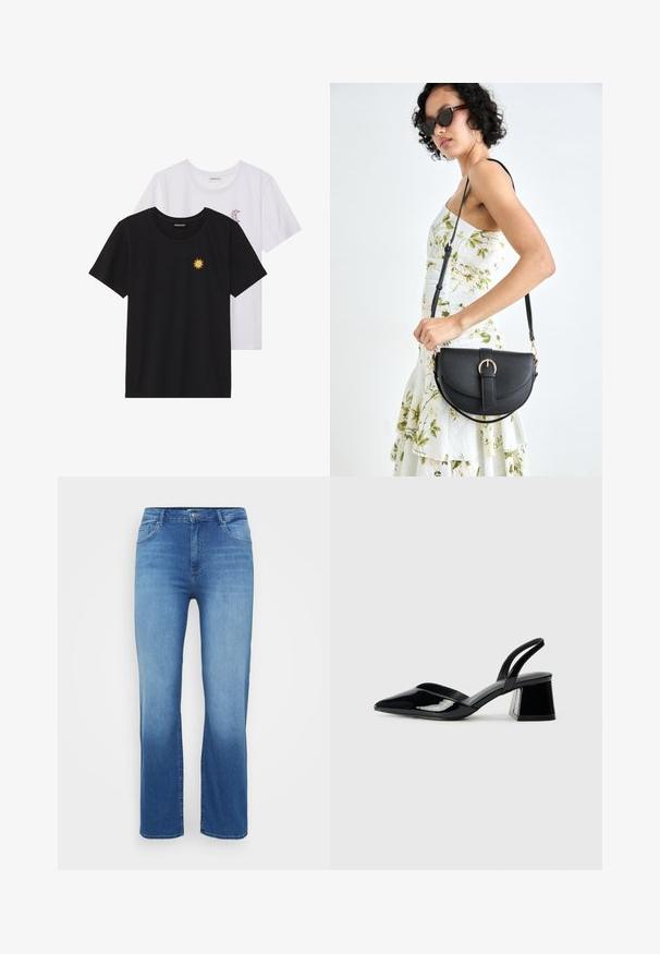 Black and white T-shirts, round neck, short sleeves. Black shirt features yellow sun embroidery; white has purple crescent moon accent.; Light blue denim jeans with a straight cut, five-pocket design, and a faded effect at the hem. Button closure at the waist.; Black patent leather slingback heels with a pointed toe and a geometric block heel. Features a sleek, minimal design and smooth texture.; Black leather handbag with a curved shape, detachable strap, and gold hardware. The bag features a flap with a buckle detail.