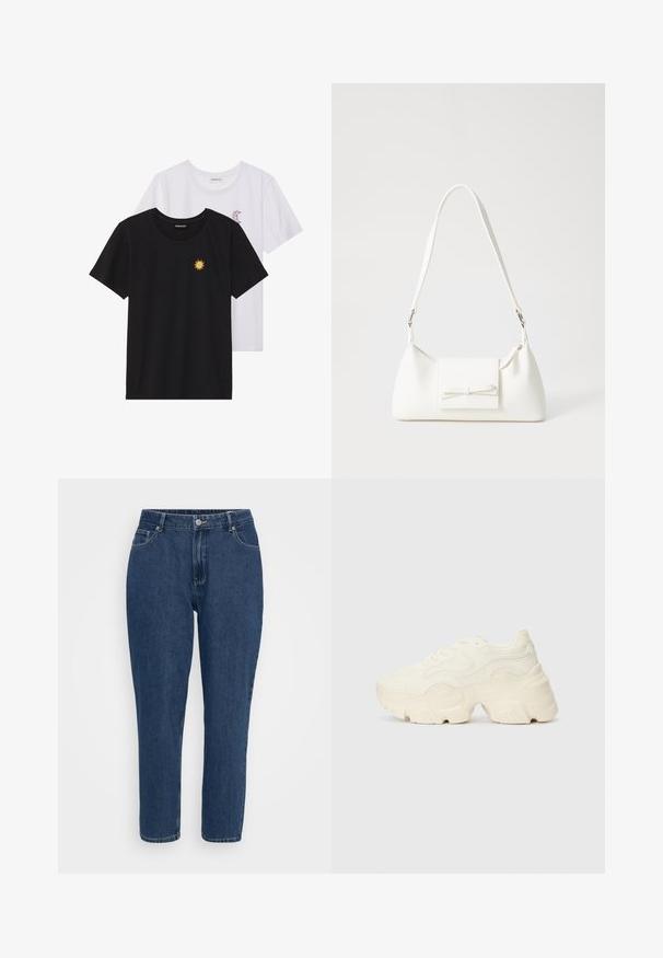 T-shirt in bianco e nero, girocollo, maniche corte. La maglietta nera presenta un ricamo di sole giallo; quella bianca ha un accento di luna crescente viola.; Jeans in denim blu scuro a vita alta, taglio dritto, con tasche frontali, passanti per cintura, bottone metallico e chiusura con zip, su sfondo bianco.; Sneakers bianchi chunky realizzati in mesh testurizzato e materiali sintetici, dotati di una suola spessa e dettagli con motivi intricati lungo i lati.; Borsa sintetica bianca a forma triangolare, con patta anteriore piatta e dettaglio a fiocco, tracolla regolabile, texture liscia e design minimalista.