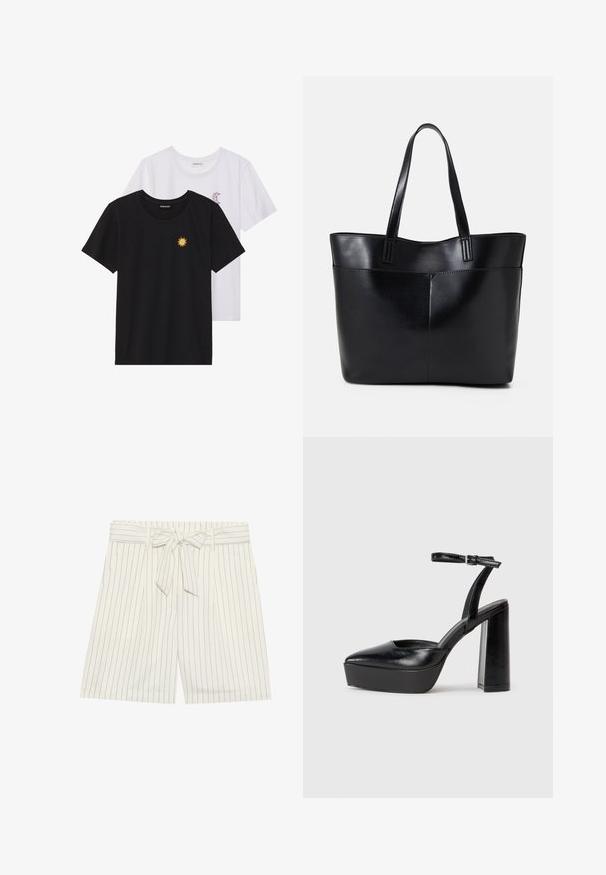 Melnbaltie t-krekli, ar apaļu kaklu, īsām piedurknēm. Melnais krekls ar dzeltenu saules izšuvumu; baltais ar purpursarkanu mēness akcentu.; Baltie svītrainās šortos ar jostas vietu. Audums ir ar šaurām tumšām līnijām, un dizains ietver krokas papildu detaļām.; Melnas platformas papēžs ar norādītu purngala formu un regulējamu potītes siksniņu. Izgatavotas no gludas ādas, ar masīvu bloku papēdi.; Melnas ādas iepirkumu soma ar divām garām rokturām, gludu tekstūru un strukturētu formu. Iekļauj priekšējo kabatu papildu uzglabāšanai.