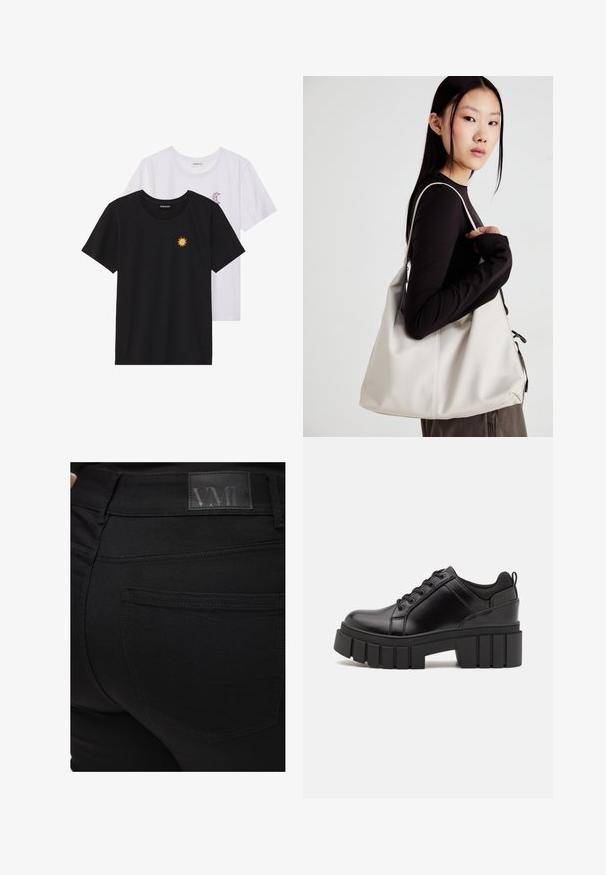 Crne i bijele majice, okrugli izrez, kratki rukavi. Crna majica ima žuti vez suncem; bijela majica ima ljubičasti naglasak u obliku polumjeseca.; Crne uske traperice s glatkom teksturom. Imaju VMD logo zakrpu na pojasu, detalj na stražnjem džepu i uski kroj.; Crne kožne platforme s debelim blok-peta, okruglim prstima i klasičnim dizajnom vezanja. Imaju gladak tekstur i minimalne detalje.; Bežna torba od mekog materijala s opuštenim dizajnom, šivanim detaljima i dva remena za rame. Pogodna za svakodnevnu upotrebu.