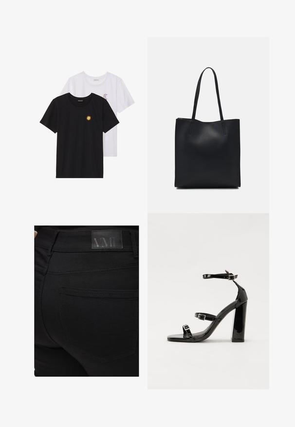 Black and white T-shirts, round neck, short sleeves. Black shirt features yellow sun embroidery; white has purple crescent moon accent.; Black skinny jeans with a smooth texture. Features a VMD logo patch at the waistband, back pocket detail, and fitted design.; Black patent heeled sandals with a square toe, ankle straps, and silver buckles. Features a chunky block heel for stability.; Black leather tote bag with smooth texture, rectangular shape, and two long handles. No visible hardware or embellishments.