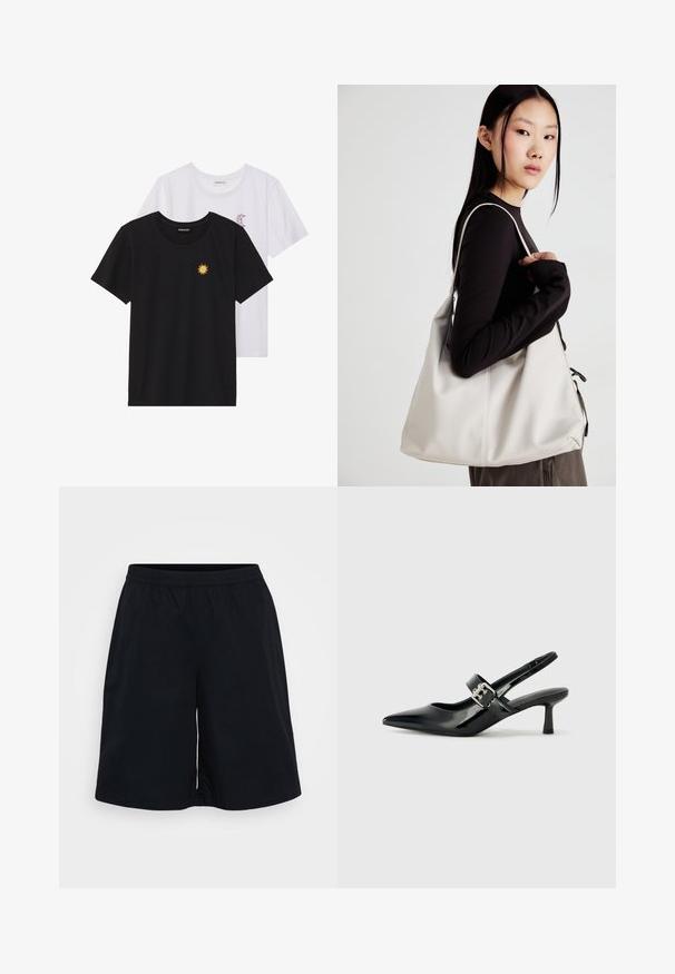 Mustvalged ja valged T-särgid, ümar kaelus, lühikesed varrukad. Must särgile on tikitud kollane päike; valgel särgil on lillakate poolkuu aktsent.; Mustad musta värvi spordihiret, elastse vöökoha, keerme vabalt voolava lõike ja siledal tekstuuriga. Disain on lihtne, ilma mustrite või aktsentideta.; Mustad patenteeritud nahast sildiga kontsad, millel on terav nina ja väike plokk-konts, mille rihmal on hõbedane pandla aksessuaar.; Bež käekott pehme materjali, millel on lõtv disain, õmblustega detailid ja kaks õlarihma. Sobib igapäevaseks kasutamiseks.