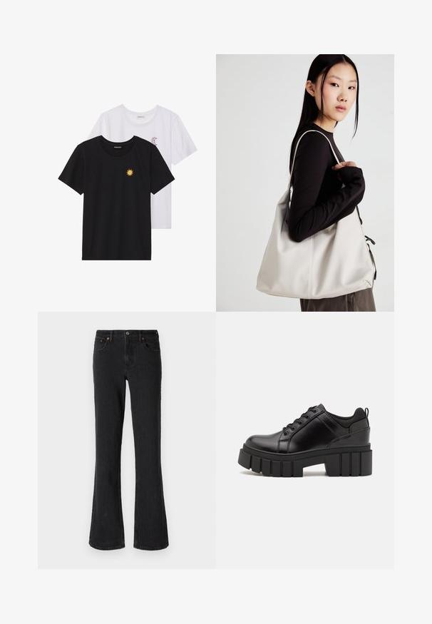 Mustvalged ja valged T-särgid, ümar kaelus, lühikesed varrukad. Must särgile on tikitud kollane päike; valgel särgil on lillakate poolkuu aktsent.; Mustad teksapüksid, millel on ees nuppude sulgemine, viis taskut ja peened õmblusdetailid, valmistatud keskmise raskusega kangast.; Must musta platvormsussid paksu plokkninal, ümmarguse varbaga ja traditsioonilise nööridega kinnitamisega. Sussid on sileda tekstuuriga ja minimaalsete detailidega.; Bež käekott pehme materjali, millel on lõtv disain, õmblustega detailid ja kaks õlarihma. Sobib igapäevaseks kasutamiseks.