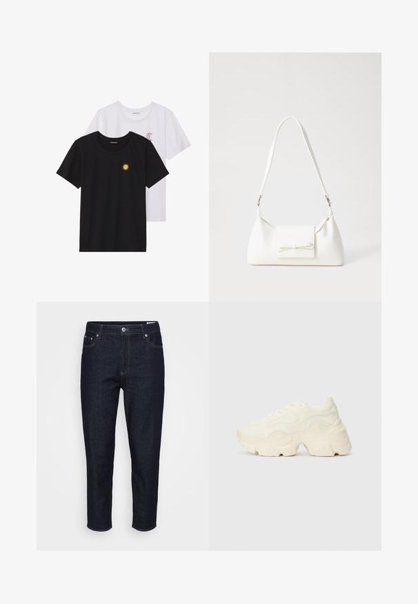 Melnbaltie t-krekli, ar apaļu kaklu, īsām piedurknēm. Melnais krekls ar dzeltenu saules izšuvumu; baltais ar purpursarkanu mēness akcentu.; Taisni svārki no tumši zilas džinsa ar priekšējiem kabatām, jostas cilpām un priekšējo pogu aizdari, izstādīti uz neitrāla fona.; Masīvi balti sportisti, kas izgatavoti no strukturēta sieta un sintētiskajiem materiāliem, ar biezu zoli un sarežģītām rakstu detaļām gar sāniem.; Balta sintētiska soma ar trīsstūrveida formu, plakanu priekšējo vāciņu un loku detaļu, regulējamu siksnu, gludu tekstūru un minimālistisku dizainu.