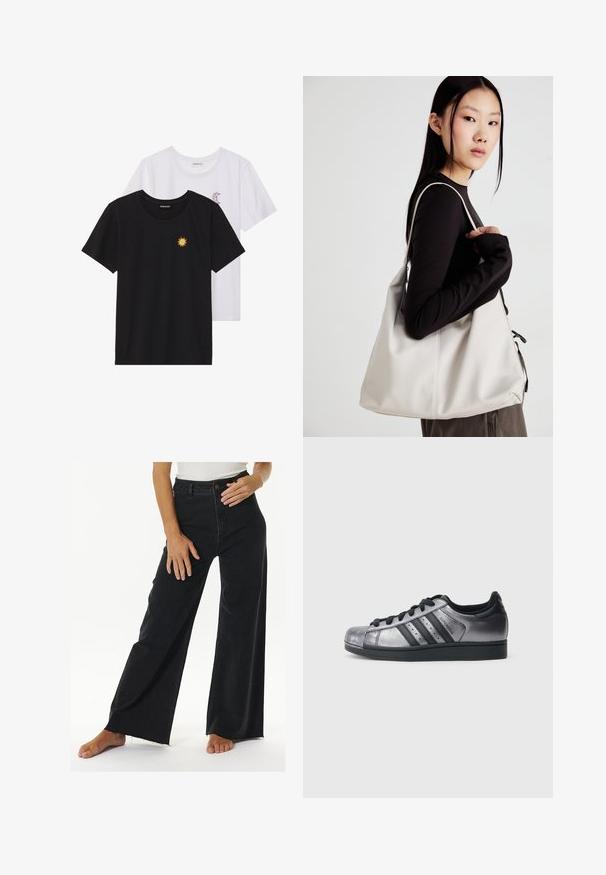 Schwarz-weiße T-Shirts, Rundhals, kurze Ärmel. Das schwarze Shirt hat eine gelbe Sonnenstickerei; das weiße eine lila Halbmond-Akzent.; Hoch taillierte schwarze Schlagjeans aus Denim, mit Knopf- und Reißverschluss, rohem Saum und seitlichen Nahttaschen.; Schwarze und metallisch silberne Sneaker mit abgerundetem Zehenbereich, drei schwarzen Streifen und einer strukturierten Oberfläche. Schwarze Schnürsenkel und Gummisohle.; Beige Handtasche aus weichem Material, mit einem lässigen Design, gesteppten Details und zwei Schulterriemen. Geeignet für den täglichen Gebrauch.