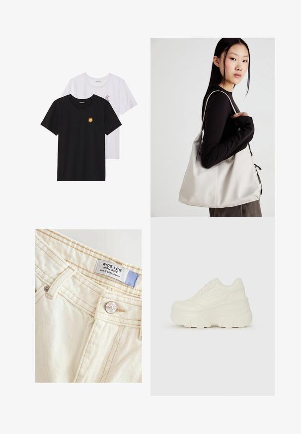 Zwart-witte T-shirts, ronde hals, korte mouwen. Het zwarte shirt heeft gele zon-geborduurde details; het witte shirt heeft een purperen halve maan accent.; Brede, hoogstaande jeans gemaakt van zachte, gebroken-witte stof. Heeft gestikte naden en een metalen knoop met merkdetail en label.; Witte platform sneakers met een gladde leren bovenkant, afgeronde vorm, gewatteerde kraag en een gestructureerde rubberen zool met duidelijke profiel.; Beige handtas gemaakt van zacht materiaal, met een slonzig ontwerp, gestikte details en twee schouderbanden. Geschikt voor dagelijks gebruik.; Heldere en amber harsringen, de ene glad en transparant, de andere met een gestructureerde, amberkleurige afwerking. Beide hebben afgeronde, chunky ontwerpen.