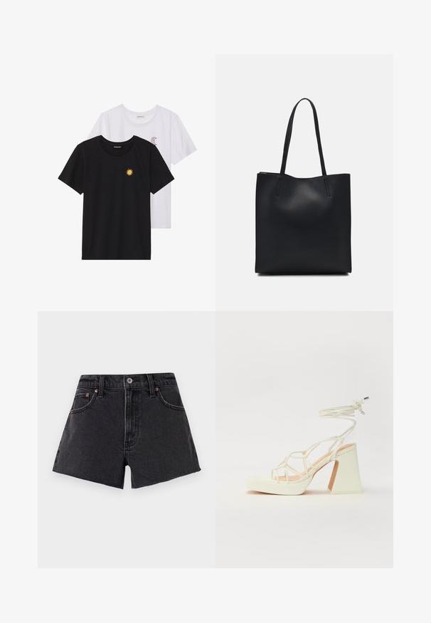 T-shirts noir et blanc, col rond, manches courtes. Le t-shirt noir présente une broderie de soleil jaune ; le t-shirt blanc a un accent de croissant de lune violet.; Shorts en denim noir avec taille haute, ourlet effiloché, poches avant et rivets couleur cuivre. Texture lisse et coupe classique.; Sandale blanche à talons hauts avec un talon épais, présentant un design à lanières et un lien autour de la cheville. Texture lisse avec une plateforme à l'avant pour une hauteur supplémentaire.; Sac fourre-tout en cuir noir avec une texture lisse, de forme rectangulaire et deux longues poignées. Pas de matériel ou d'ornementations visibles.
