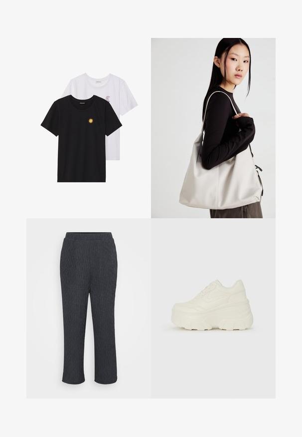 Fekete és fehér T-shirtok, kerek nyakkivágással, rövid ujjakkal. A fekete pólón sárga nap hímzés található; a fehér póló lila félhold díszítéssel rendelkezik.; Sötétszürke nadrág, textúrázott, bordázott mintával, rugalmas derékkal és beszűkített lábszárral. Könnyű, puha anyagból készült.; Fehér platform sportcipők, sima bőrszerű felsőrésszel, kerek formával, párnázott bokával és texturált gumitalppal, jól definiált mintázattal.; Puha anyagból készült bézs kézitáska, laza dizájnnal, varrott részletekkel és két vállpánttal. Mindennapi használatra alkalmas.