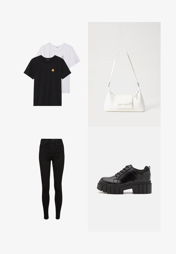 Svarte og hvite T-skjorter, rund hals, korte ermer. Den svarte T-skjorten har gul brodering av en sol; den hvite har lilla halvmåne-detaljer.; Svarte skinny jeans i denim med høy midje, fem lommer, beltehemper og subtile sømdetaljer. Glatt tekstur, tettsittende fasong.; Svarte lærplattformsko med kraftig blokkhell, rund tå og tradisjonell snøring. Har en jevn tekstur og minimal detaljering.; Hvit syntetisk håndveske med trekantet form, flat klaff foran og sløyfe detaljer, justerbar stropp, glatt tekstur og minimalistisk design.