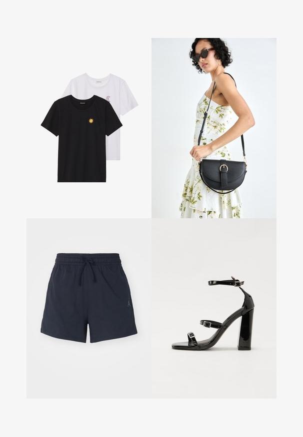 Černé a bílé trička, kulatý výstřih, krátké rukávy. Černé tričko má žlutou výšivku slunce; bílé má fialový akcent měsíce v podobě půlměsíce.; Námořnické sportovní šortky vyrobené z materiálu odvádějícího vlhkost, s elastickým pasem na šňůrku a malým logem.; Černé lakované sandály na podpatku se čtveratou špičkou, lýtkovými pásky a stříbrnými přezkami. Disponují masivním blokovým podpatkem pro stabilitu.; Černá kožená kabelka s křivkovým tvarem, odnímatelným popruhem a zlatými detaily. Kabelka má klopu s přezkou.