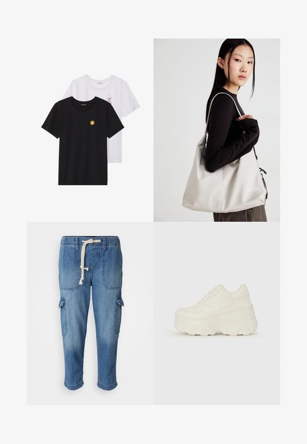Mustvalged ja valged T-särgid, ümar kaelus, lühikesed varrukad. Must särgile on tikitud kollane päike; valgel särgil on lillakate poolkuu aktsent.; Sinine denimist cargo-püksid, millel on paelaga vöökoht, küljetaskud ja rullitud varrukad, millel on pehme, tekstureeritud viimistlus.; Valged platvormi tõusukingad, millel on siledast nahast meenutav pealis, ümar kuju, pehmendatud kaelus ja tekstureeritud kummitald koos selgete hüdrofoobsete mustritega.; Bež käekott pehme materjali, millel on lõtv disain, õmblustega detailid ja kaks õlarihma. Sobib igapäevaseks kasutamiseks.