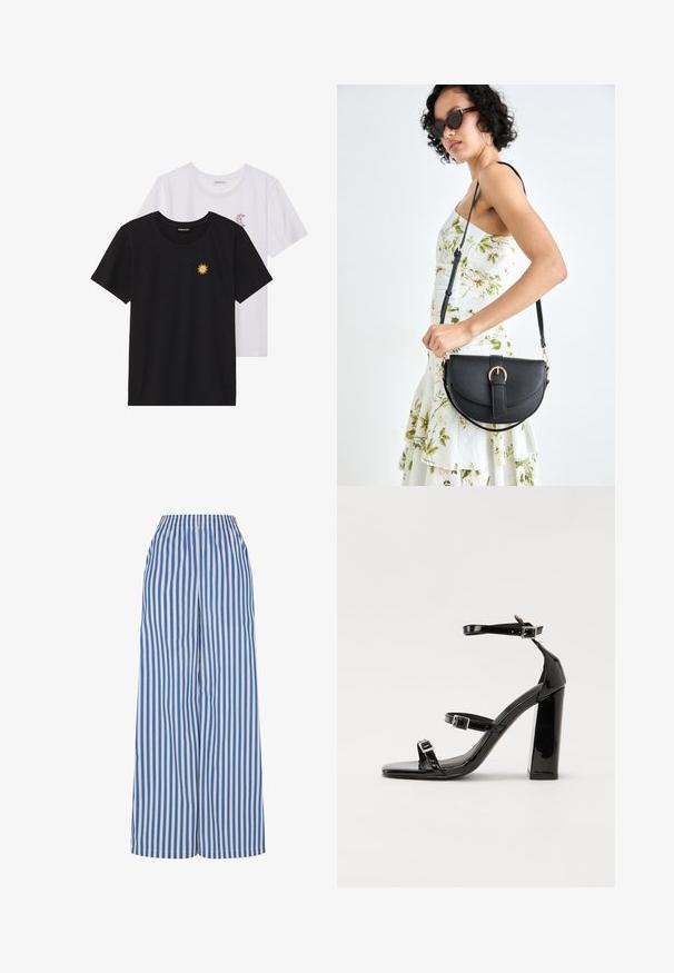 Svart och vit T-shirt, rund hals, korta ärmar. Den svarta skjortan har gul solbroderi; den vita har lila halvmåneaccent.; Vida byxor med vida ben i blå och vita vertikala ränder, utrustade med ett elastiskt midjeband och tillverkade av ett lätt tyg för komfort och andningsförmåga.; Svarta lackerade högklackade sandaler med två spännband, fyrkantig tå och en tjock klack, med en slät och glansig yta.; Svart läderhandväska med en böjd form, avtagbar rem och guldiga detaljer. Väskan har ett lock med en spänndetalj.