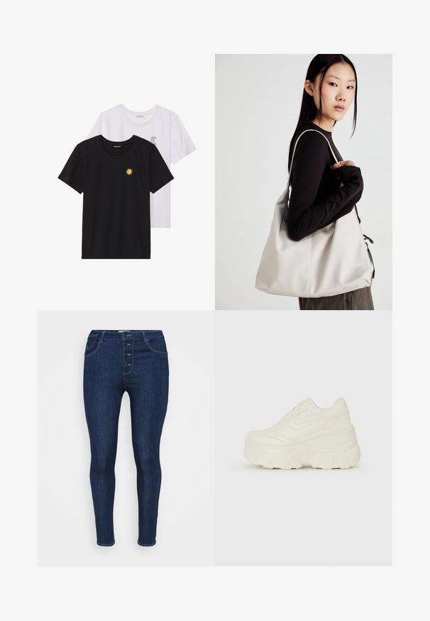 Musta ja valkoinen T-paita, pyöreä kaula-aukko, lyhyet hihat. Mustassa paidassa on keltainen auringon brodeeraus; valkoisessa on violetti puolikuu-aksentti.; Tumman siniset denim-farkut, joissa on korkea vyötärö, viisi nappia edessä, tavallinen taskumuotoilu ja sileä pinta.; Valkoiset tasapohjakengät, joissa on sileä nahkamainen päällinen, pyöristetty muoto, pehmustettu nilkkaosa ja texturoitu kumipohja, jossa on hyvin määritellyt urat.; Beige laukku, joka on valmistettu pehmeästä materiaalista, ja siinä on rento muotoilu, ommeltu yksityiskohtia ja kaksi olkahihnaa. Sopii päivittäiseen käyttöön.