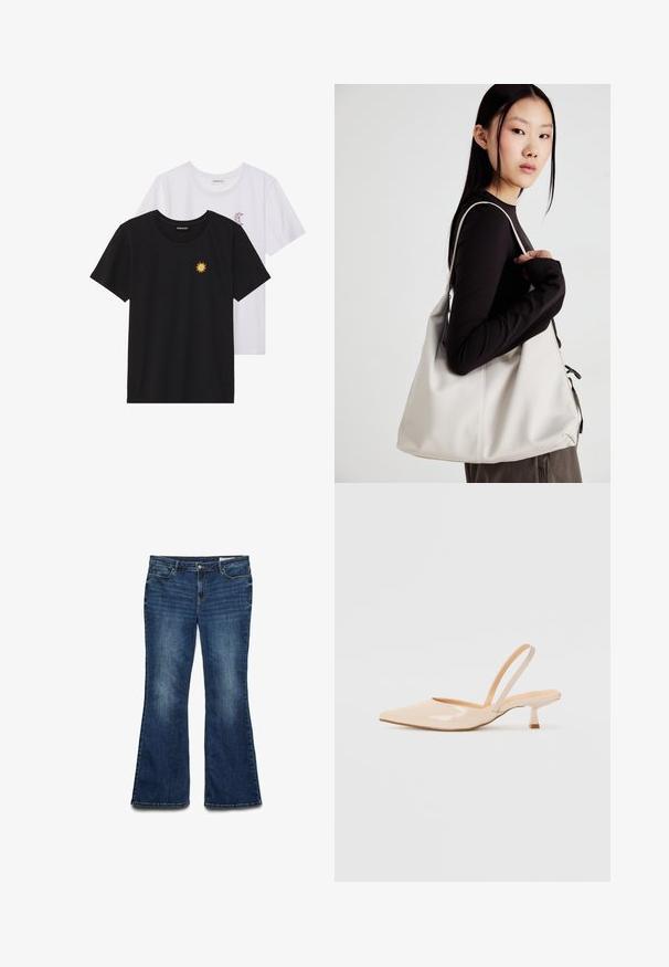 Zwart-witte T-shirts, ronde hals, korte mouwen. Het zwarte shirt heeft gele zon-geborduurde details; het witte shirt heeft een purperen halve maan accent.; Uitlopende blauwe denim jeans met een gemiddelde wassing, voorzien van vijf zakken, een sluiting met een knoop aan de voorkant en gestikte details langs de naden.; Beige patenten leren slingback hakken met een spitse neus en een slanke, vierkante hak. Glad textuur en minimalistisch ontwerp zonder versieringen.; Beige handtas gemaakt van zacht materiaal, met een slonzig ontwerp, gestikte details en twee schouderbanden. Geschikt voor dagelijks gebruik.