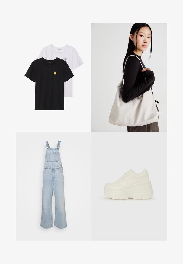 Melnbaltie t-krekli, ar apaļu kaklu, īsām piedurknēm. Melnais krekls ar dzeltenu saules izšuvumu; baltais ar purpursarkanu mēness akcentu.; Gai zilu džinsi ar plašām kājām, regulējamiem siksnām, priekšējais kabata un sānu kabatas. Nobružāta tekstūra visā virsmā.; Baltie platformas sporta apavi, kas izgatavoti no gludas mākslīgās ādas, ar noapaļotu formu, mīkstu apkakli un teksturētu gumijas zoli ar izteiktiem rakstiem.; Bežs rokassoma, izgatavota no mīksta materiāla, ar brīvu dizainu, izšūtu apdari un divām plecu siksnām. Piemērota ikdienas lietošanai.