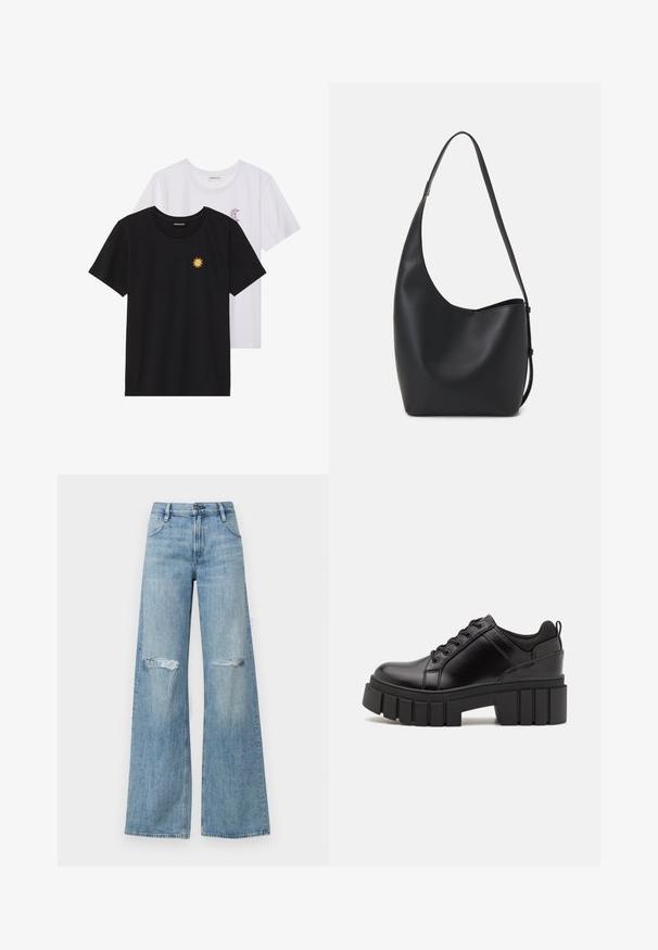 Crne i bijele majice, okrugli izrez, kratki rukavi. Crna majica ima žuti vez suncem; bijela majica ima ljubičasti naglasak u obliku polumjeseca.; Svijetloplave visoko strukirane široke traperice s iznošenim rupama na koljenima, klasičnim dizajnom s pet džepova i zatvaranjem na patentni zatvarač s gumbom.; Crne kožne platforme s debelim blok-peta, okruglim prstima i klasičnim dizajnom vezanja. Imaju gladak tekstur i minimalne detalje.; Crna kožna hobo torba s glatkom teksturom, zakrivljenim oblikom i jednom podesivom trakicom; ima širok otvor na vrhu.