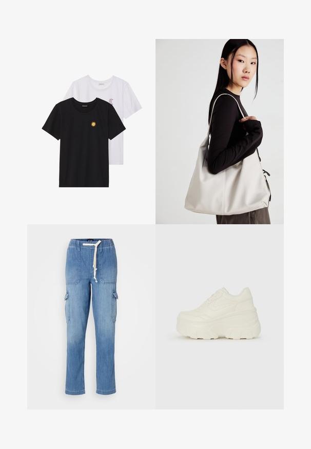 Black and white T-shirts, round neck, short sleeves. Black shirt features yellow sun embroidery; white has purple crescent moon accent.; Light blue denim cargo pants with an elastic waistband, drawstring, side pockets, and patch pockets on the thighs.; White platform sneakers featuring a smooth leather-like upper, rounded shape, padded collar, and textured rubber sole with defined treads.; Beige handbag made of soft material, featuring a slouchy design, stitched detailing, and two shoulder straps. Suitable for everyday use.
