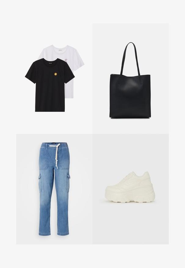 Black and white T-shirts, round neck, short sleeves. Black shirt features yellow sun embroidery; white has purple crescent moon accent.; Light blue denim cargo pants with an elastic waistband, drawstring, side pockets, and patch pockets on the thighs.; White platform sneakers featuring a smooth leather-like upper, rounded shape, padded collar, and textured rubber sole with defined treads.; Black leather tote bag with smooth texture, rectangular shape, and two long handles. No visible hardware or embellishments.