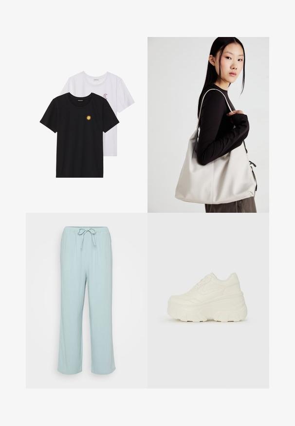 Crne i bijele majice, okrugli izrez, kratki rukavi. Crna majica ima žuti vez suncem; bijela majica ima ljubičasti naglasak u obliku polumjeseca.; Svijetloplave, široke lounge hlače s pojasom na vezanje. Izrađene od mekanog, prozračnog materijala s glatkom teksturom.; Bijele platformske tenisice s glatkim gornjim dijelom koji nalikuje koži, zaobljenim oblikom, podstavljenim okvirom i teksturiranim gumeni potplat s definiranom profilacijom.; Bežna torba od mekog materijala s opuštenim dizajnom, šivanim detaljima i dva remena za rame. Pogodna za svakodnevnu upotrebu.