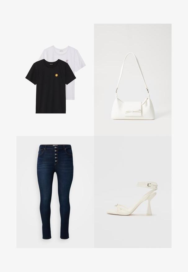Crne i bijele majice, okrugli izrez, kratki rukavi. Crna majica ima žuti vez suncem; bijela majica ima ljubičasti naglasak u obliku polumjeseca.; Hulahup hlače od tamnoplavog trapera visokog struka s uskim krojem. Sadrže pet metalnih dugmadi, kontrastne šavove i klasičan dizajn s pet džepova.; Bijela kožna sandala na visokom potpetici s trakama, elegantnog dizajna, s prozirnom blok potpeticom i dekorativnim elementom na prstima.; Bijela sintetička torbica s trokutastim oblikom, ravnim prednjim poklopcem i detaljem u obliku mašne, podesivom remenom, glatkom teksturom i minimalističkim dizajnom.