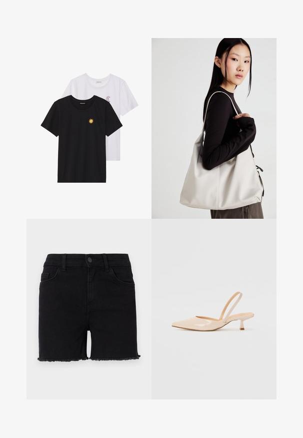 Mustvalged ja valged T-särgid, ümar kaelus, lühikesed varrukad. Must särgile on tikitud kollane päike; valgel särgil on lillakate poolkuu aktsent.; Mustad teksased lühikesed püksid, kitsas vöökoht, kulunud serv ja klassikaline viie tasku disain. Kangas on sile ja kerge venivusega.; Beežist lakitud nahast slingback kontsad terava nina ja peene ruudukujulise kontsaga. Sile tekstuur ja minimalistlik disain ilma kaunistusteta.; Bež käekott pehme materjali, millel on lõtv disain, õmblustega detailid ja kaks õlarihma. Sobib igapäevaseks kasutamiseks.