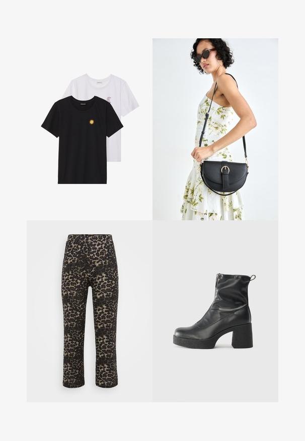 Črne in bele majice, okrogli vrat, kratki rokavi. Črna majica ima richelieu vezenje sonca v rumeni barvi; bela ima vijolični naglavni mesec.; Hlače z leopardjim vzorcem v črni in bež barvi, s pravočrnimi kroji, elastičnim pasom in gladko teksturo.; Črne gležnjarje iz gladke kože z božnim zadrgo, masivnim teksturiranim peto in zaobljeno obliko prstov.; Črna usnjena torbica s ukrivljeno obliko, z odstranljivo naramnico in zlatimi dodatki. Torbica ima pokrov s podrobnostmi v obliki zaponke.