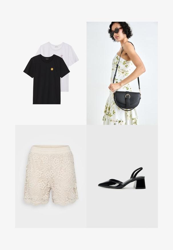 Sort og hvid T-shirt, rund hals, korte ærmer. Den sorte skjorte har gult solbroderi; den hvide har lilla halvmåne-accent.; Lace shorts i lys beige med blomster mønstre, bølgekant og en tekstureret vævet talje, der har intrikate detaljer overalt.; Sorte patentlæder slingback hæle med spids tå og en geometrisk blok hæl. Har et elegant, minimalistisk design og en glat tekstur.; Sort læderhåndtaske med en buet form, aftagelig rem og guldfinish. Tasken har en klap med en spænde detalje.