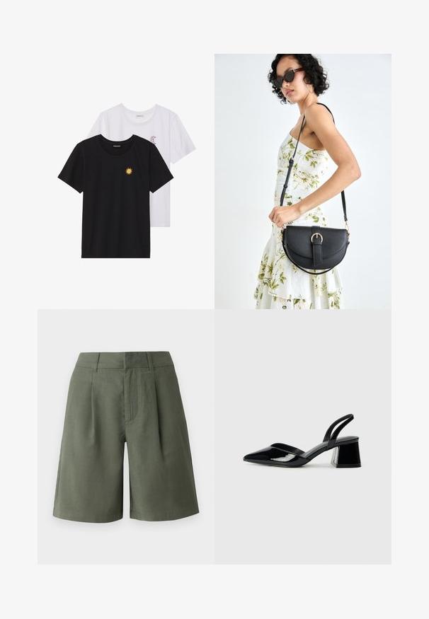Tricouri alb-negru, cu gât rotund, mâneci scurte. Cămășile negre au broderie cu soare galben; cele albe au un accent cu lună crescută violet.; Pantaloni scurți verzi, confecționați dintr-un material texturat. Au pliuri frontale, buzunare laterale și o croială dreaptă, cu o margine situată ușor deasupra genunchiului.; Pantofi cu toc slingback din piele lacuită neagră, cu vârf ascuțit și toc geometric. Prezintă un design elegant, minimalist și o textură netedă.; Geantă din piele neagră, cu o formă curbată, curea detașabilă și accesorii aurii. Geanta are un capac cu un detaliu tip cataramă.