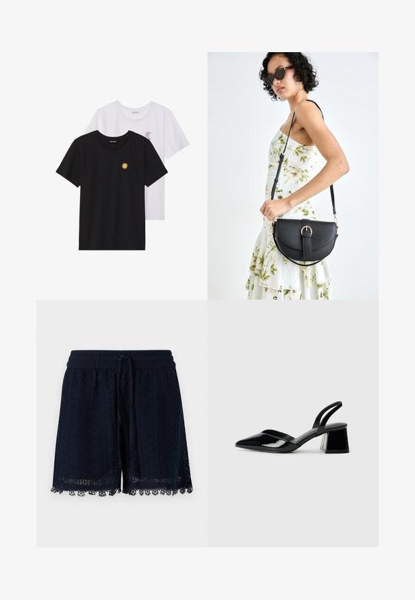 T-shirts preto e branco, de decote redondo e mangas curtas. A camisa preta apresenta um bordado de sol amarelo; a branca tem um detalhe de lua crescente roxa.; Calções azul marinho feitos de tecido crocheted com um padrão texturizado e acabamento de rendas na bainha. Cintura elástica com cordão.; Sandy em verniz preto com salto slingback, ponta afilada e salto geométrico. Apresenta um design elegante e minimalista com textura suave.; Bolsa de couro preta com forma curva, alça destacável e detalhes em dourado. A bolsa possui uma aba com detalhe de fivela.