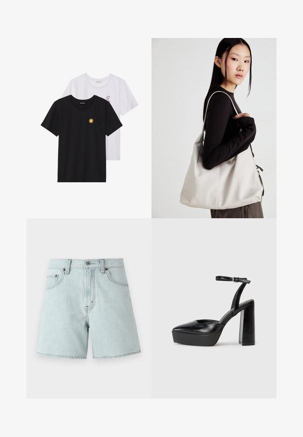 Zwart-witte T-shirts, ronde hals, korte mouwen. Het zwarte shirt heeft gele zon-geborduurde details; het witte shirt heeft een purperen halve maan accent.; Lichtblauwe denimshorts met een hoge taille, voorzien van twee voorkruiszakken, een knoopsluiting en details van zijstiksels.; Zwarte plateauhakken met een puntige neus en verstelbare enkelband. Gemaakt van soepel leer, met een robuuste blokhak.; Beige handtas gemaakt van zacht materiaal, met een slonzig ontwerp, gestikte details en twee schouderbanden. Geschikt voor dagelijks gebruik.