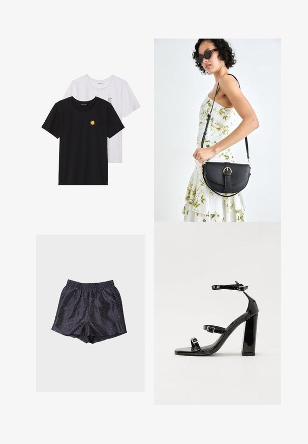 Črne in bele majice, okrogli vrat, kratki rokavi. Črna majica ima richelieu vezenje sonca v rumeni barvi; bela ima vijolični naglavni mesec.; Temno modri satenasti kratki hlače z elastičnim pasom in majhnimi belimi pikami. Imajo sproščen kroj in gladko teksturo.; Črne lakirane sandale s peto, kvadratnim prstom, trakovi okrog gležnja in srebrnimi zaponkami. Opremljene so s stabilno Debelo peto.; Črna usnjena torbica s ukrivljeno obliko, z odstranljivo naramnico in zlatimi dodatki. Torbica ima pokrov s podrobnostmi v obliki zaponke.