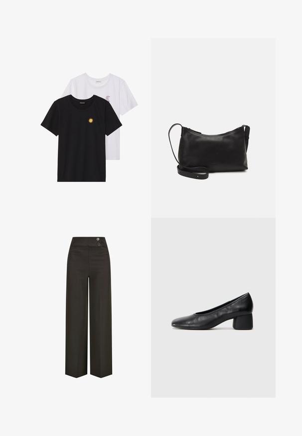 Zwart-witte T-shirts, ronde hals, korte mouwen. Het zwarte shirt heeft gele zon-geborduurde details; het witte shirt heeft een purperen halve maan accent.; Brede broek van donkerbruin stof, met een hoge taille en twee knopen, en voorzakken. Glad textuur en op maat gemaakt design.; Zwarte leren pump met een ronde neus en een middenblokhak. Glad textuur met minimale details, voorzien van een subtiele elastische opening.; Zwarte leren schoudertas met een gladde textuur, gebogen vorm, verstelbare schouderband en een ritsafsluiting. Minimalistisch ontwerp zonder versieringen.