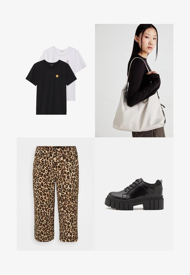 Tricouri alb-negru, cu gât rotund, mâneci scurte. Cămășile negre au broderie cu soare galben; cele albe au un accent cu lună crescută violet.; Pantaloni cu imprimeu leopard dintr-un material moale. Prezintă un tiv elastic, lungime scurtă și un model de pete negre și maronii pe un fundal bej.; Pantofi cu talpă plată din piele neagră, cu toc gros, vârf rotund și design tradițional cu șireturi. Prezintă o textură netedă și detalii minime.; Geantă bej din material moale, cu un design lejer, detalii cusute și două bretele pentru umăr. Potrivită pentru utilizarea zilnică.