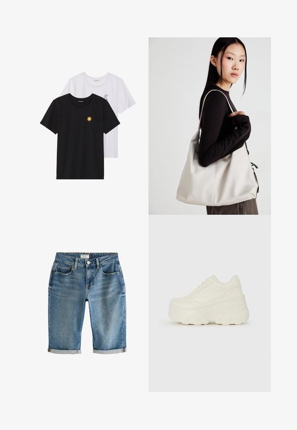 Melnbaltie t-krekli, ar apaļu kaklu, īsām piedurknēm. Melnais krekls ar dzeltenu saules izšuvumu; baltais ar purpursarkanu mēness akcentu.; Zili denima ceļu garuma šorti ar krokotu apakšmalu, piecām kabatām un metāla pogas aizdari. Audumam ir nedaudz izbalējusi izskats.; Baltie platformas sporta apavi, kas izgatavoti no gludas mākslīgās ādas, ar noapaļotu formu, mīkstu apkakli un teksturētu gumijas zoli ar izteiktiem rakstiem.; Bežs rokassoma, izgatavota no mīksta materiāla, ar brīvu dizainu, izšūtu apdari un divām plecu siksnām. Piemērota ikdienas lietošanai.