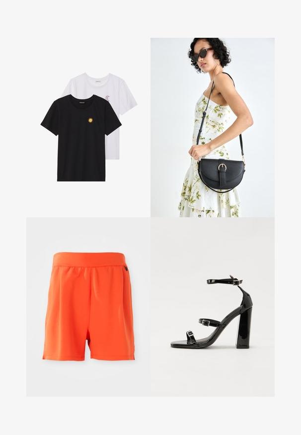 Fekete és fehér T-shirtok, kerek nyakkivágással, rövid ujjakkal. A fekete pólón sárga nap hímzés található; a fehér póló lila félhold díszítéssel rendelkezik.; Fényes narancssárga, elasztikus derékpánttal ellátott rövidnadrág, sima felülettel és egyenes szabással. Nincsenek zsebek vagy további díszítések.; Fekete lakk magas sarkú szandál két csatos pánttal, négyzet alakú orral és tömzsi blokk sarokkal, sima, fényes felülettel.; Fekete bőrtáska ívelt formával, levehető pánttal és arany színű fémrészekkel. A táskán egy csattal díszített fedél található.