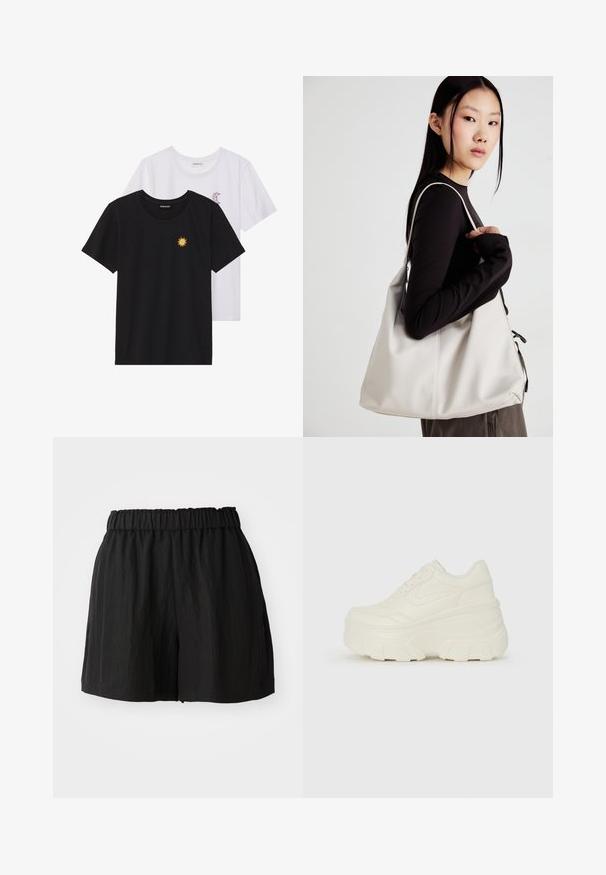 Black and white T-shirts, round neck, short sleeves. Black shirt features yellow sun embroidery; white has purple crescent moon accent.; Black shorts with an elastic waistband, featuring a loose fit, smooth texture, and knee-length cut. No visible patterns or hardware.; White platform sneakers featuring a smooth leather-like upper, rounded shape, padded collar, and textured rubber sole with defined treads.; Beige handbag made of soft material, featuring a slouchy design, stitched detailing, and two shoulder straps. Suitable for everyday use.
