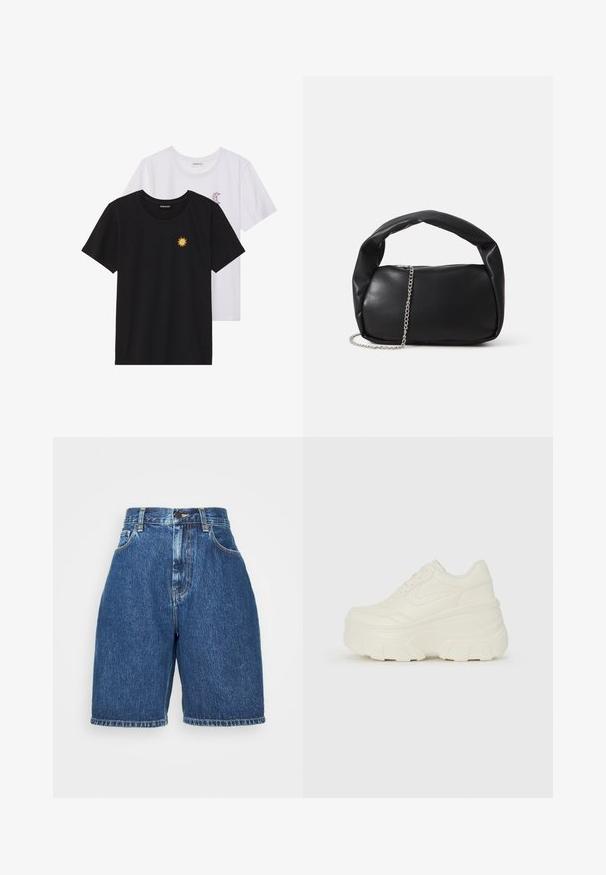 Melnbaltie t-krekli, ar apaļu kaklu, īsām piedurknēm. Melnais krekls ar dzeltenu saules izšuvumu; baltais ar purpursarkanu mēness akcentu.; Denim šorti ar augsto jostasvietu, tumši zilā krāsā. Tiem ir klasiskā piecu kabatu stils, taisna griezuma un salocīts apakšmalas. Izgatavoti no kokvilnas materiāla.; Baltie platformas sporta apavi, kas izgatavoti no gludas mākslīgās ādas, ar noapaļotu formu, mīkstu apkakli un teksturētu gumijas zoli ar izteiktiem rakstiem.; Melnas ādas rokas soma ar noapaļotu formu, bieza rokturis un sudraba ķēdes siksna. Gluda tekstūra ar nelielu spīdumu.